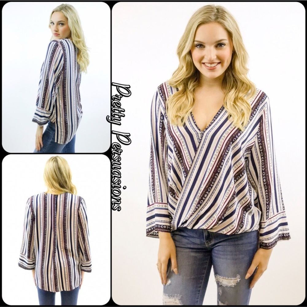 Striped Plunging Surplice Long Slv Top - Picture 4 of 7